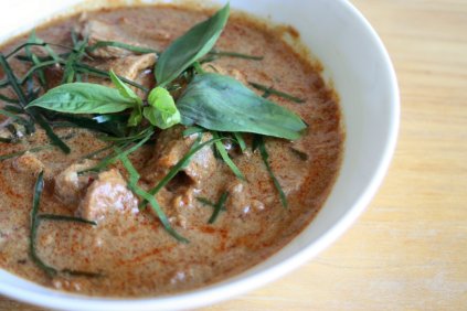 With pork tenderloin and Thai sweet basil. Italian sweet basil is also a very good. The combination of kaffir lime  and basil leaves is so delicious, though they both have to be fresh; otherwise, just do without. Far preferable to attempting to use dried stuff in this particular dish.